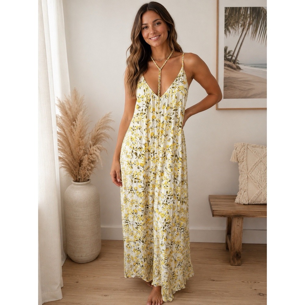 La Blanca Maxi Dress M Yellow Floral Rayon Strappy Beach Swim Cover Up -3708